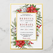Rustic Poinsettia Floral kerstbruiloft Folie Uitnodiging (Voorkant)