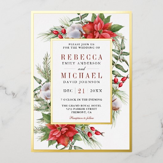 Rustic Poinsettia Floral kerstbruiloft Folie Uitnodiging (Voorkant)