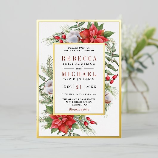 Rustic Poinsettia Floral kerstbruiloft Folie Uitnodiging (Staand Voorkant)