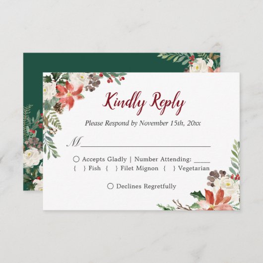 Rustic Poinsettia Ivory Floral Holiday Sason RSVP (Voorkant / Achterkant)