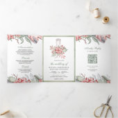 Rustic Poinsettia kerstkaarscode QR Weddenschap Drieluik Uitnodiging (Binnen)