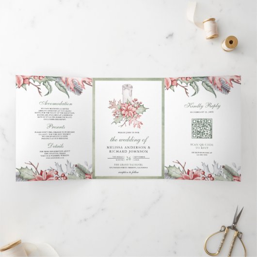 Rustic Poinsettia kerstkaarscode QR Weddenschap Drieluik Uitnodiging (Binnen)