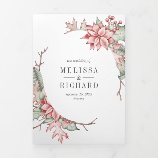 Rustic Poinsettia kerstkaarscode QR Weddenschap Drieluik Uitnodiging (Cover)