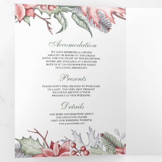 Rustic Poinsettia kerstkaarscode QR Weddenschap Drieluik Uitnodiging (Binnenzijde eerst)