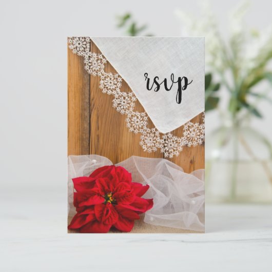 Rustic Poinsettia Lace Country Winter Weddenschap  RSVP Kaartje (Staand voorkant)