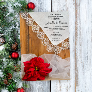 Rustic Poinsettia Lace Winter Rehearsal Dinner Kaart