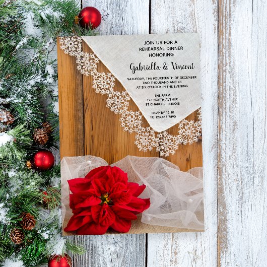 Rustic Poinsettia Lace Winter Rehearsal Dinner Kaart