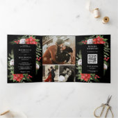 Rustic Poinsettia QR-code Kerst Zwart Bruiloft Drieluik Uitnodiging (Binnen)