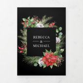 Rustic Poinsettia QR-code Kerst Zwart Bruiloft Drieluik Uitnodiging (Cover)