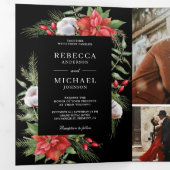 Rustic Poinsettia QR-code Kerst Zwart Bruiloft Drieluik Uitnodiging (Binnenzijde eerst)