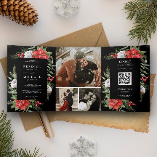 Rustic Poinsettia QR-code Kerst Zwart Bruiloft Drieluik Uitnodiging