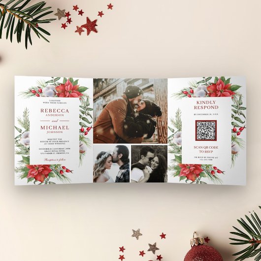 Rustic Poinsettia QR Code Kersthuwelijk Drieluik Uitnodiging