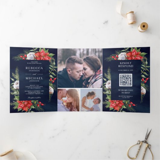 Rustic Poinsettia QR Code - kerstmarineverbinding Drieluik Uitnodiging (Binnen)