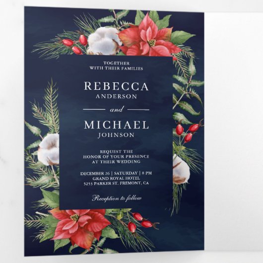 Rustic Poinsettia QR Code - kerstmarineverbinding Drieluik Uitnodiging (Binnenzijde eerst)