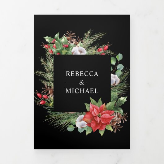 Rustic Poinsettia QR Code Kerstmis Black Weddensch Drieluik Uitnodiging (Cover)