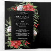 Rustic Poinsettia QR Code Kerstmis Black Weddensch Drieluik Uitnodiging (Binnenzijde eerst)