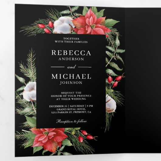 Rustic Poinsettia QR Code Kerstmis Black Weddensch Drieluik Uitnodiging (Binnenzijde eerst)