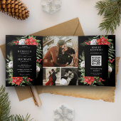 Rustic Poinsettia QR Code Kerstmis Black Weddensch Drieluik Uitnodiging