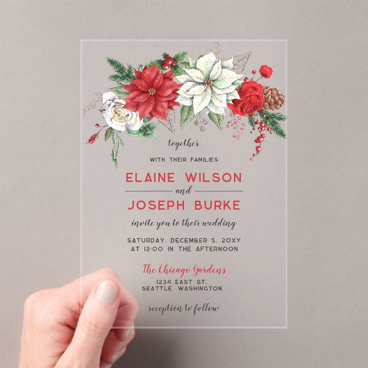 Rustic Poinsettia Winter Foliage Pine cone Wedding Acryl Uitnodigingen (Insitu (Draagbaar))