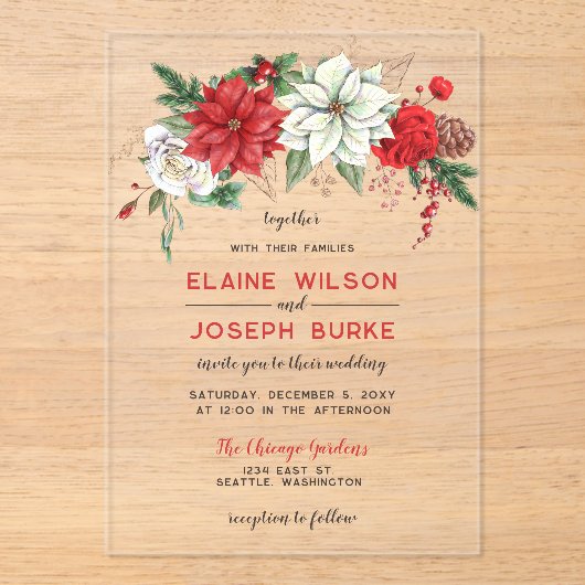Rustic Poinsettia Winter Foliage Pine cone Wedding Acryl Uitnodigingen (Voorkant)