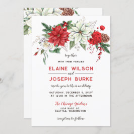 Rustic Poinsettia Winter Foliage Pine cone Wedding Kaart