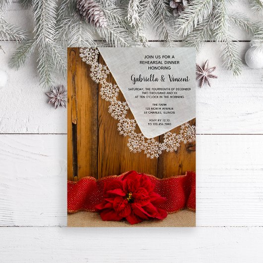 Rustic Poinsettia Winter Wedding Rehearsal Dinner Kaart