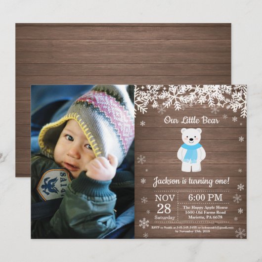 Rustic Polar Beer Winter Boy Birthday Foto Kaart (Voorkant / Achterkant)