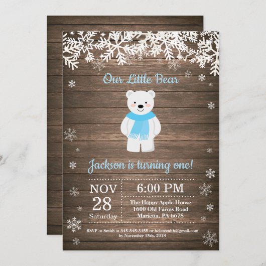 Rustic Polar Winter Boy Birthday Uitnodiging (Voorkant / Achterkant)