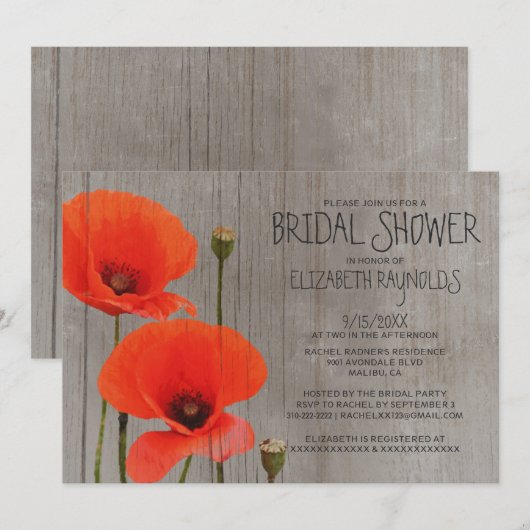 Rustic Poppy Bridal Shower Invitations Kaart (Voorkant / Achterkant)