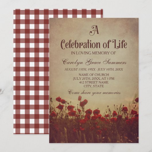 Rustic Poppy Field Celebration of Life Kaart (Voorkant / Achterkant)