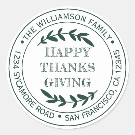 Rustic Prettig Thanksgiving Retouradres Groen  Ronde Sticker (Voorkant)