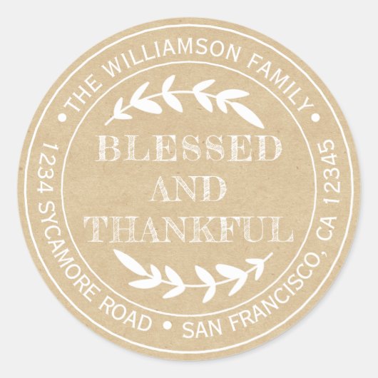 Rustic Prettig Thanksgiving Retouradres Kraft  Ronde Sticker (Voorkant)