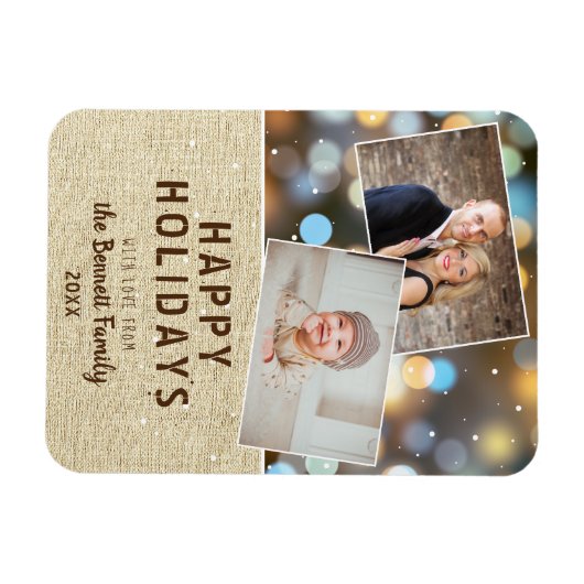 Rustic Prettige feestdagen Bokeh 2 Photo Collage Magneet (Horizontaal)