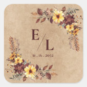 Rustic Pretty Autumn Fall Floral Monogram Wedding Vierkante Sticker (Voorkant)