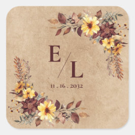 Rustic Pretty Autumn Fall Floral Monogram Wedding Vierkante Sticker
