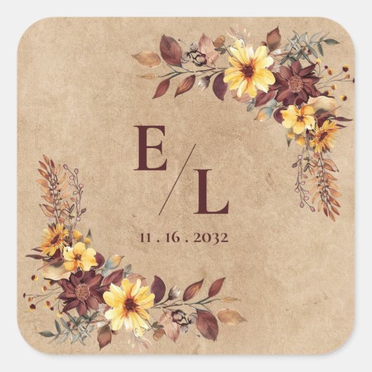 Rustic Pretty Autumn Fall Floral Monogram Wedding Vierkante Sticker (Voorkant)