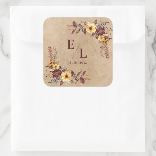 Rustic Pretty Autumn Fall Floral Monogram Wedding Vierkante Sticker (Tas)