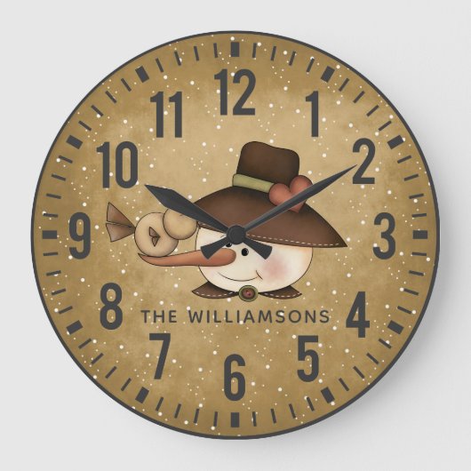 Rustic Primitive Snowman Personalized Grote Klok (Voorkant)