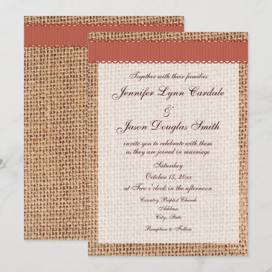 Rustic Printed Burlap Burnt Oranje Ribbon Wedding Kaart (Voorkant / Achterkant)