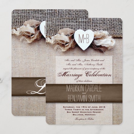 Rustic Printed Burlap Heart Initiaal Wedding Invit Kaart (Voorkant / Achterkant)