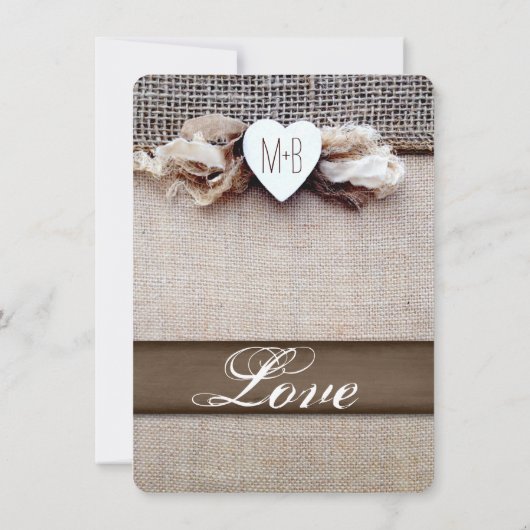 Rustic Printed Burlap Heart Initiaal Wedding Invit Kaart (Achterkant)