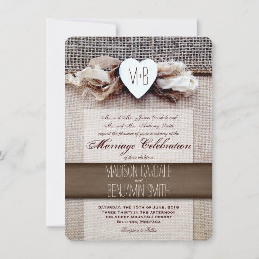 Rustic Printed Burlap Heart Initiaal Wedding Invit Kaart (Voorkant)