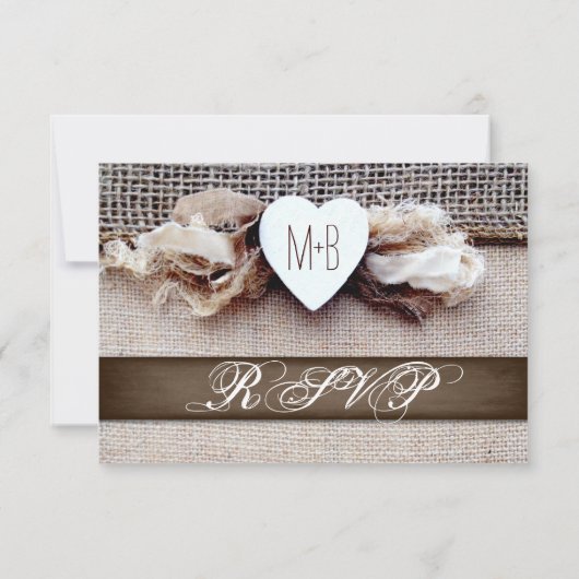 Rustic Printed Burlap Heart Initialen Wedding RSVP (Achterkant)