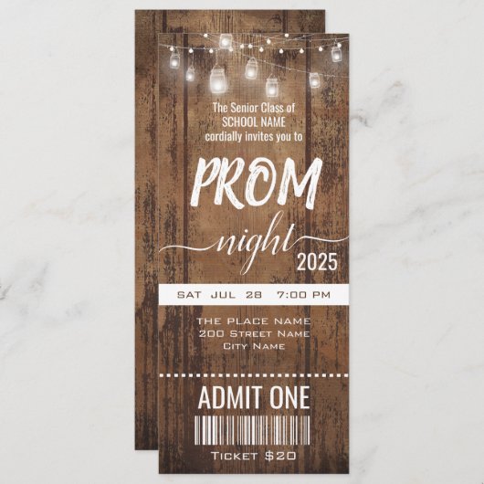Rustic Prom Night Party Ticket Uitnodiging (Voorkant / Achterkant)