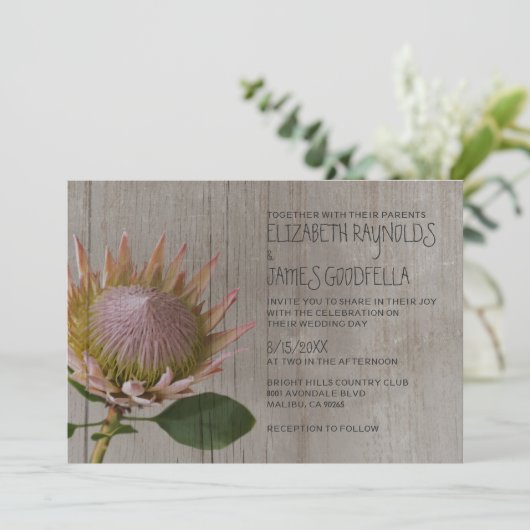 Rustic Protea Wedding Invitations Kaart (Staand voorkant)