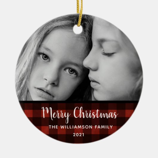 Rustic Pset 2-foto Editable kerstversiering Keramisch Ornament (Voorkant)