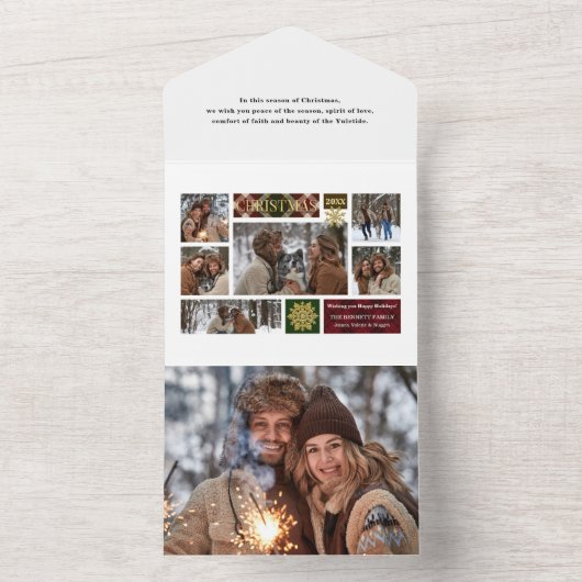 Rustic Pset & Gold Snowflakes Multi-Photo All In One Uitnodiging (Binnen)