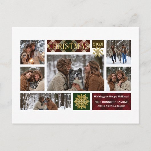 Rustic Pset & Gold Snowflakes Multi-Photo Feestdagenkaart (Voorkant)