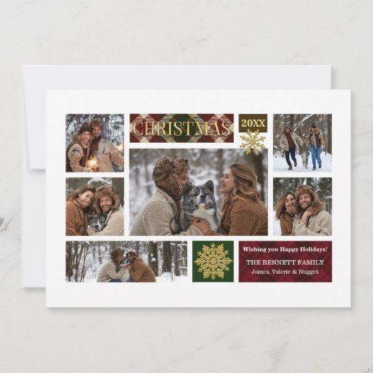 Rustic Pset & Gold Snowflakes Multi-Photo Feestdagenkaart (Voorkant)