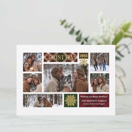 Rustic Pset & Gold Snowflakes Multi-Photo Feestdagenkaart (Staand voorkant)